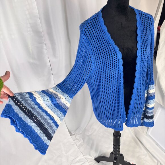 Cato Blue Crochet Open-Front Grandma Core Cardigan, Bell Sleeves, size XL - Picture 3 of 6